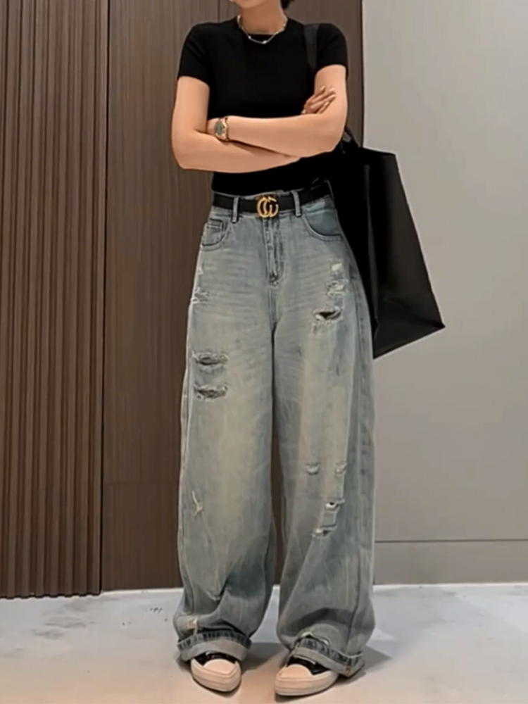 高腰割破水洗牛仔裤女2025