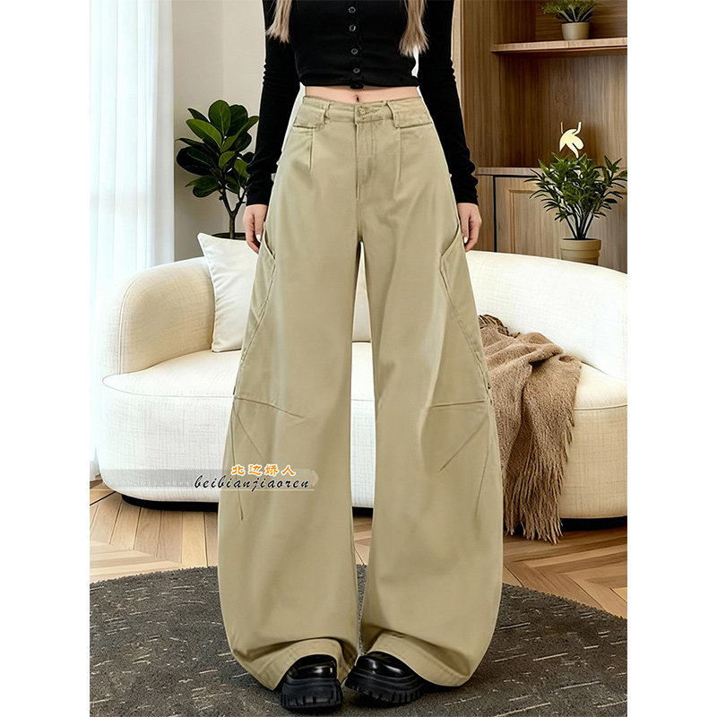 美式工装风卡其色低腰阔腿裤女2026春季新款宽松显瘦垂感弯刀长裤,女装/女士精品,大码裤装,淘宝优惠券,粉丝福利购,淘宝优惠卷