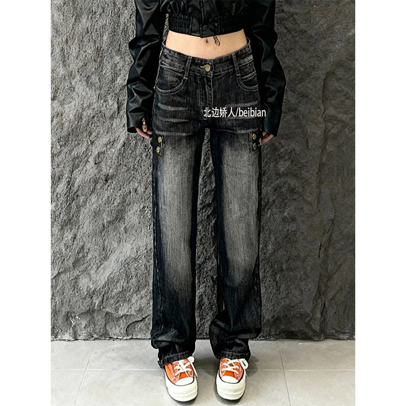 大码美式复古做旧水洗牛仔裤女2026春季新款辣妹设计感街头阔腿裤,女装/女士精品,大码裤装,淘宝优惠券,粉丝福利购,淘宝优惠卷