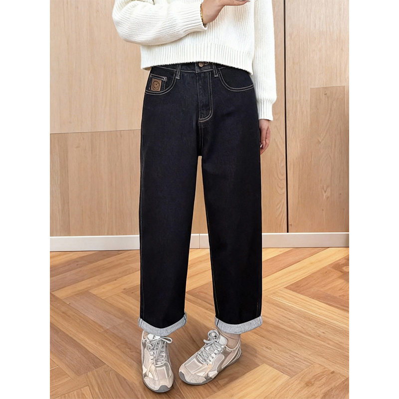 磨毛加厚小个子笑脸九分牛仔裤女