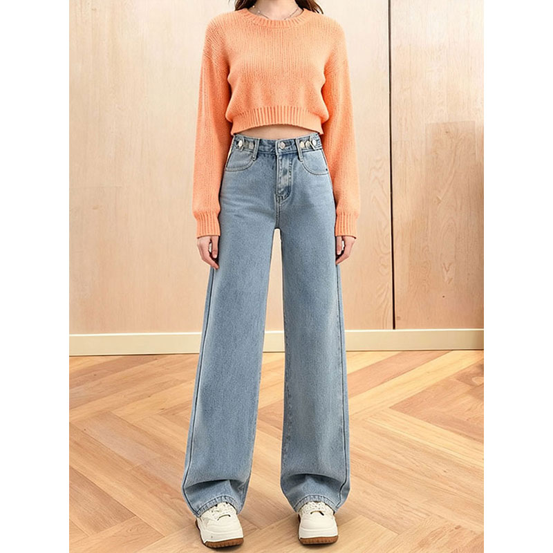 浅蓝色高腰阔腿牛仔裤女