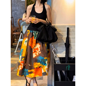 百搭时尚 洋气设计感印花撞色半身裙女2026春季 新款 优雅中长裙子