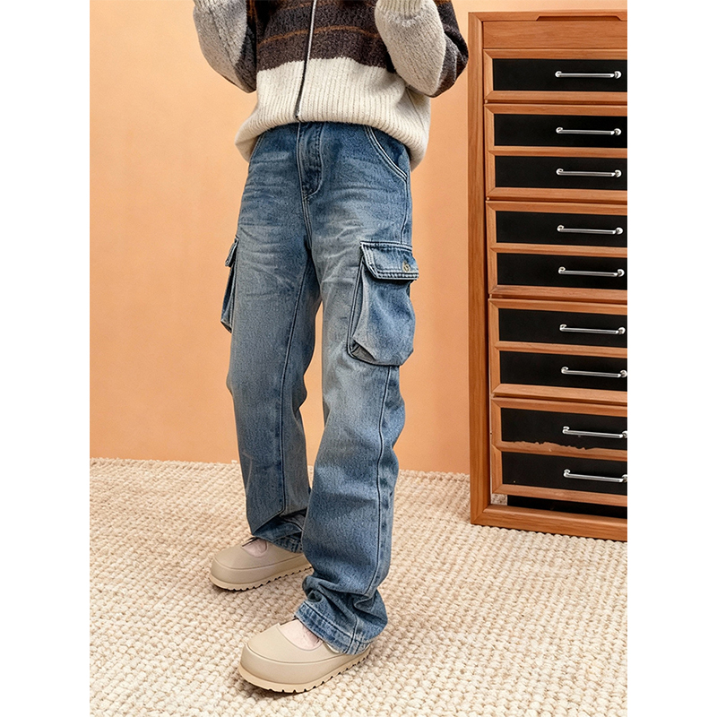 秋冬复古工装风大口袋牛仔裤女