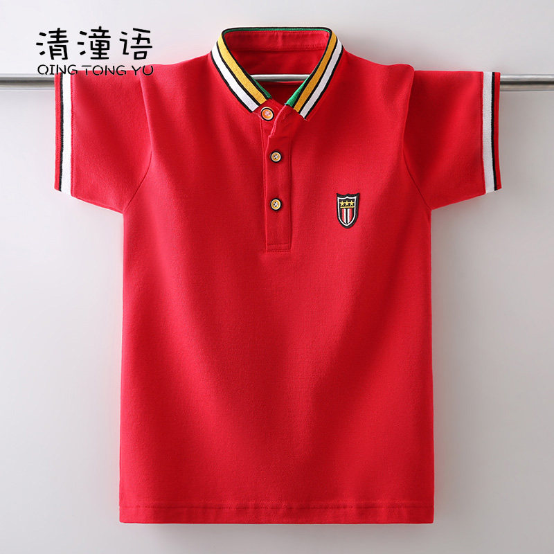 儿童半袖夏装T恤新款上衣帅气体恤中大童POLO衫条形翻领红色短袖