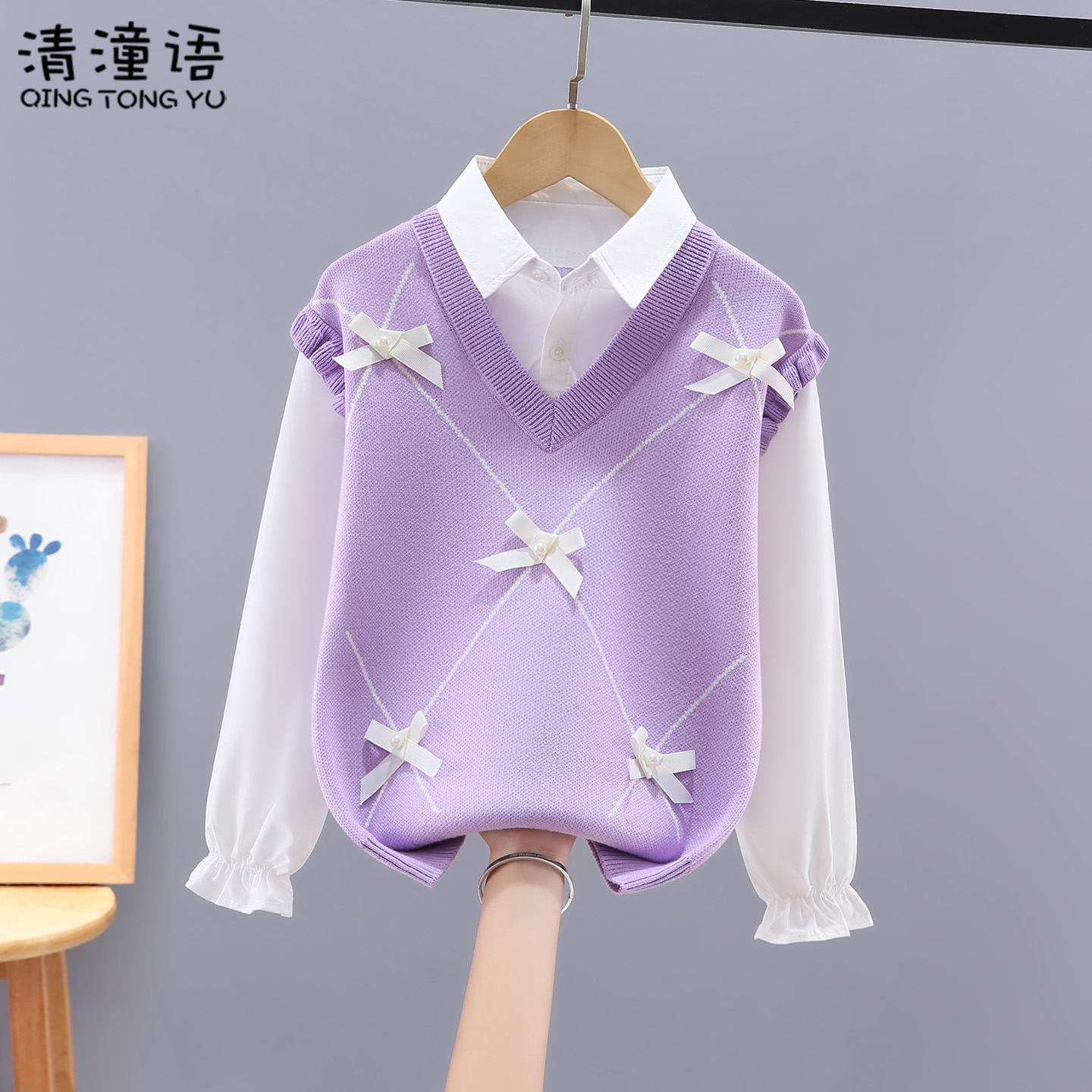 女童春秋款毛衣针织衫假两件