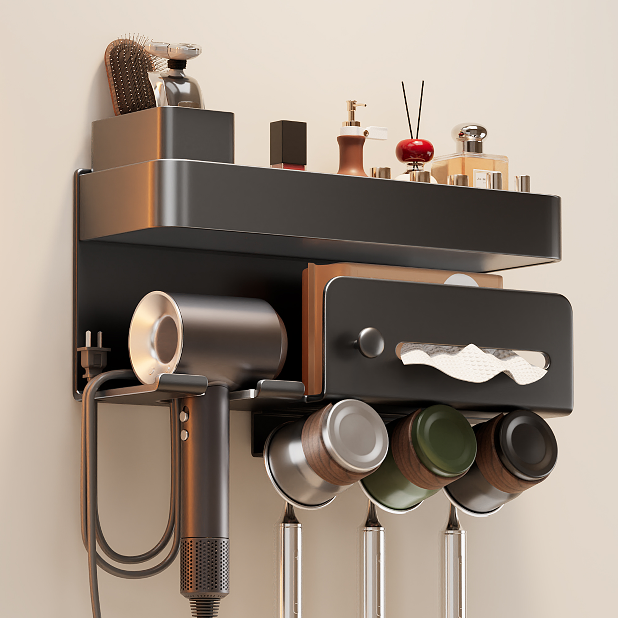 牙刷置物架壁挂式免打孔卫生间多功能吹风机一体不锈钢漱口杯挂架