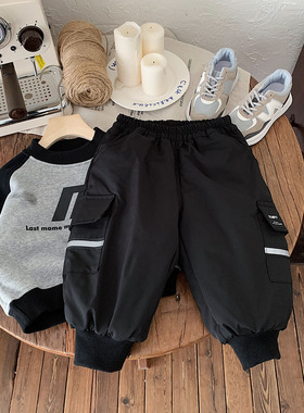 儿童工装羽绒裤男童加厚保暖束脚裤宽松休闲长裤黑色宝宝洋气裤子