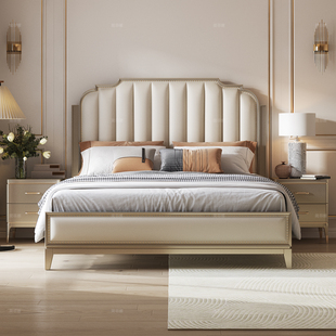 简菲娜舒曼钢琴真皮床轻奢现代实木床主卧奶油风小户型双人床婚床