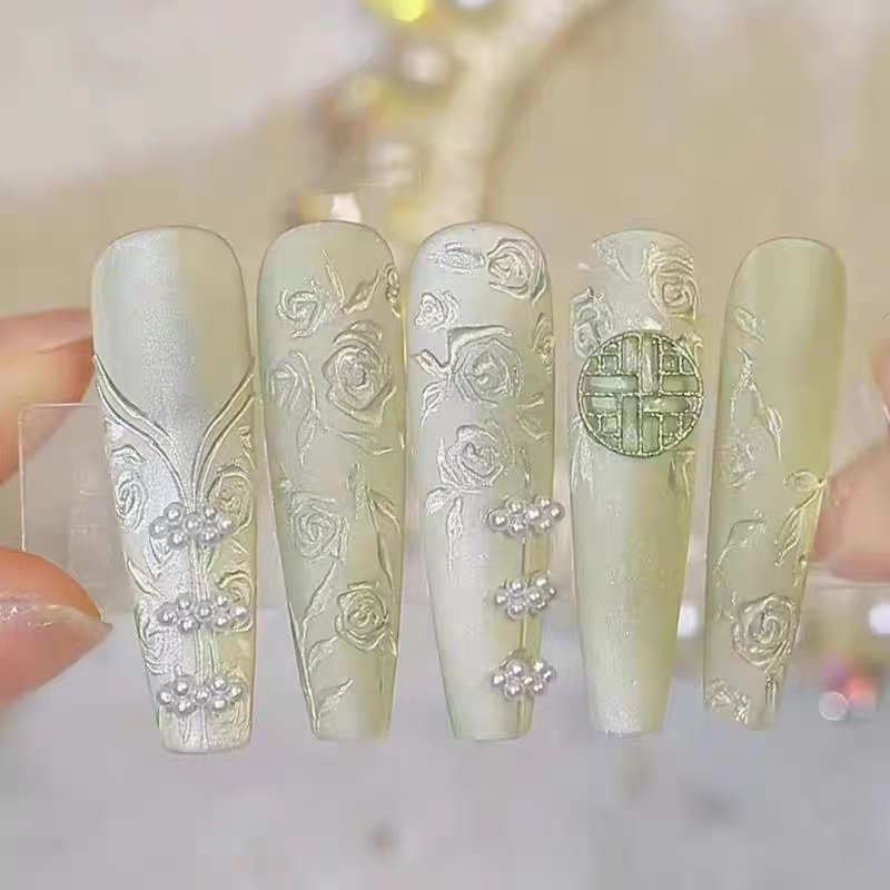 新中式暗花猫眼旗袍美甲穿戴甲纯手工打造成品可拆卸美甲甲片