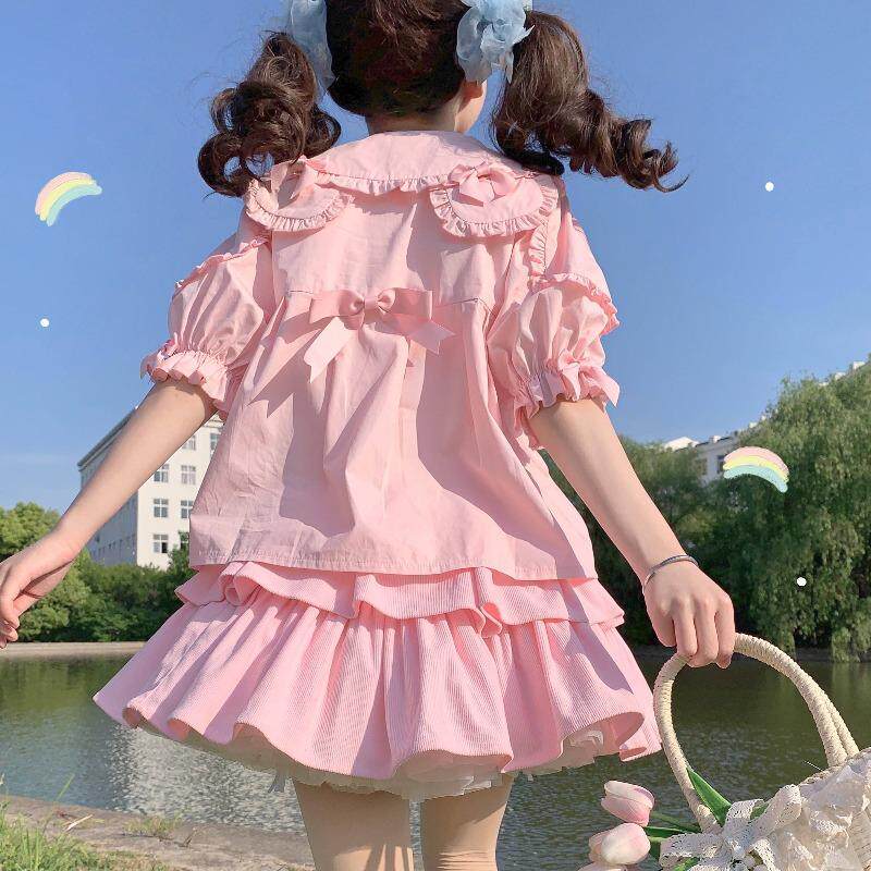 2026新款日系软妹甜美可爱Lolita熊耳全棉短袖糖果衬衫上衣女夏装