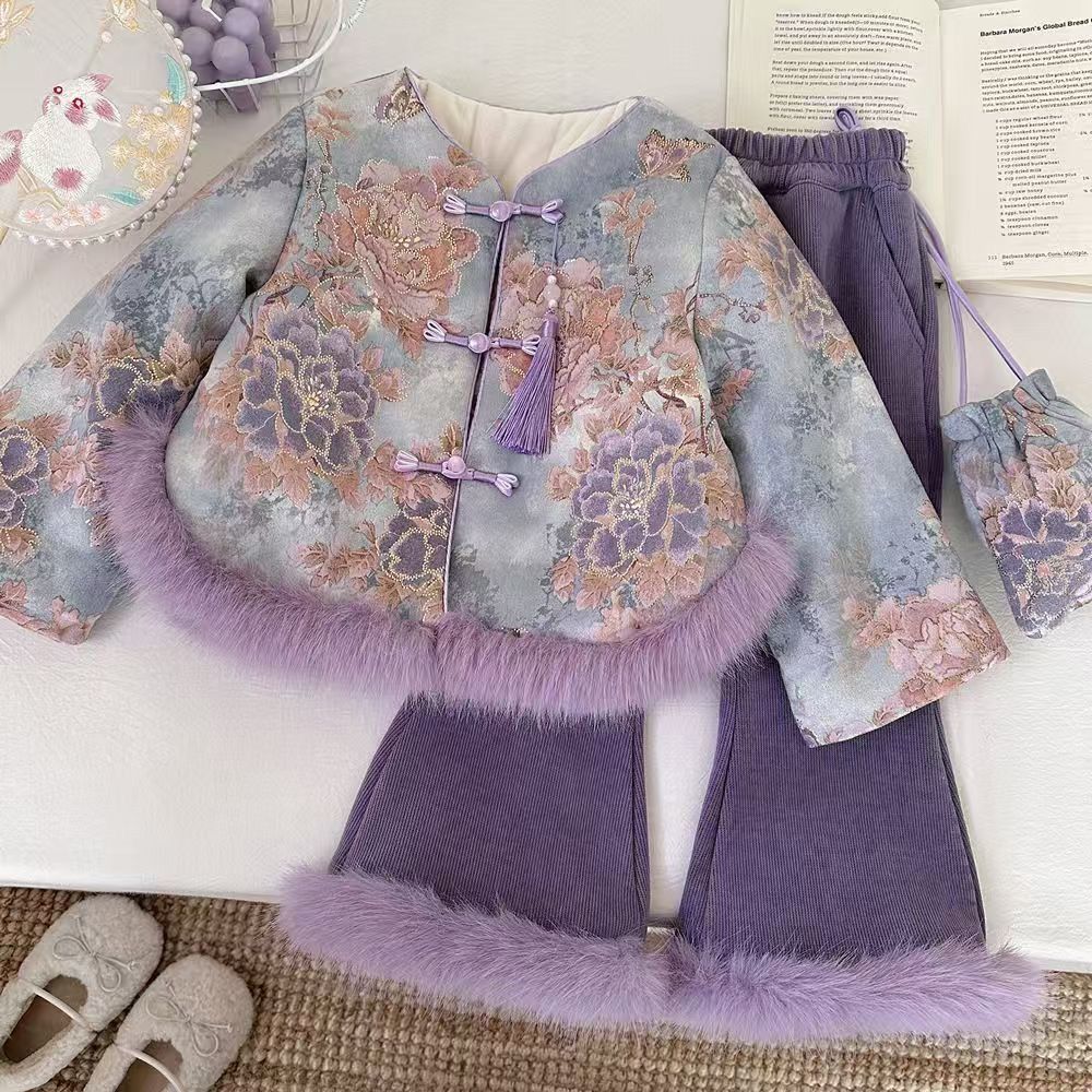 女童冬季加绒2025秋冬新款中国风儿童唐装新中式加绒加厚宝宝套装