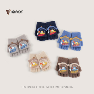 儿童手套秋冬新款男童卡通挖掘机翻盖半指套小学生保暖防寒分指套