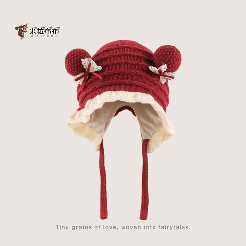 红色新年宝宝秋冬公主风蕾丝帽