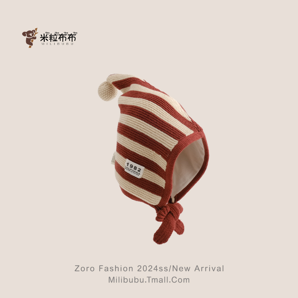 宝宝帽子秋冬条纹针织毛线帽女宝红色保暖毛线护耳帽男女童精灵帽