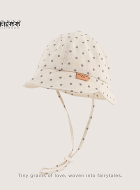 灰色系韩版宝宝甜美波点渔夫帽通幼儿春夏系带棉麻双帽檐遮阳帽子