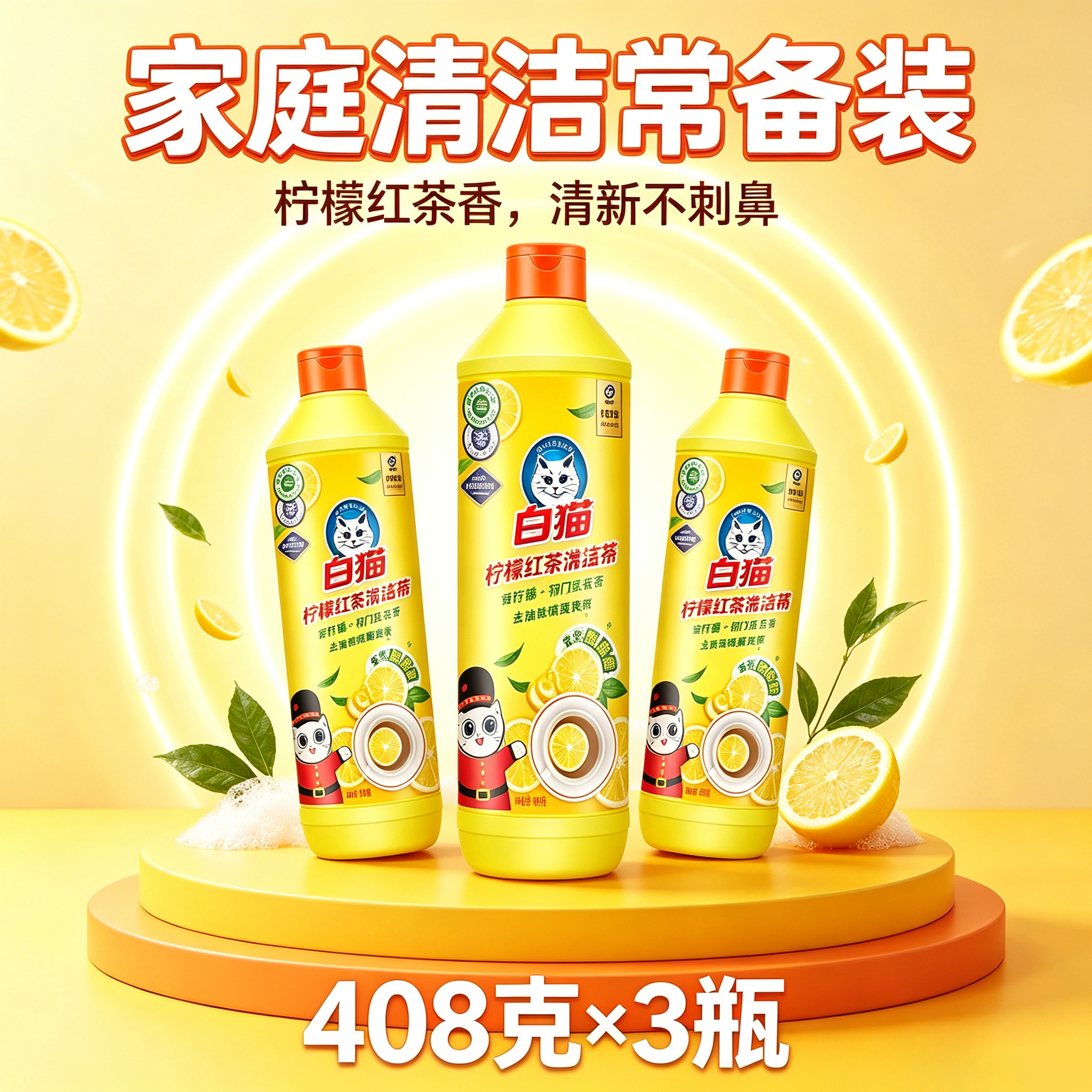 白猫洗洁精柠檬红茶小瓶装去油污味厨房餐具酒店饭店果蔬家用408g