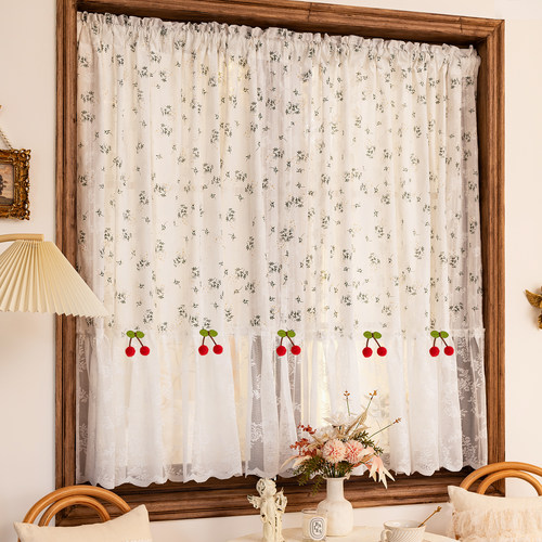 法式田园风小碎花蕾丝裙摆棉麻窗帘卧室飘窗半帘门帘免打孔魔术贴