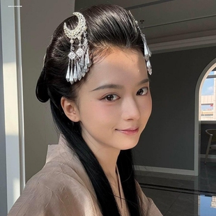 清冷银色月牙流苏发饰新中式氛围感古风额前发夹汉服拍照仿苗银