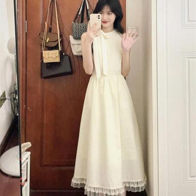 夏季法式温柔风设计感蝴蝶结蕾丝边连衣裙女学生新款收腰显瘦长裙