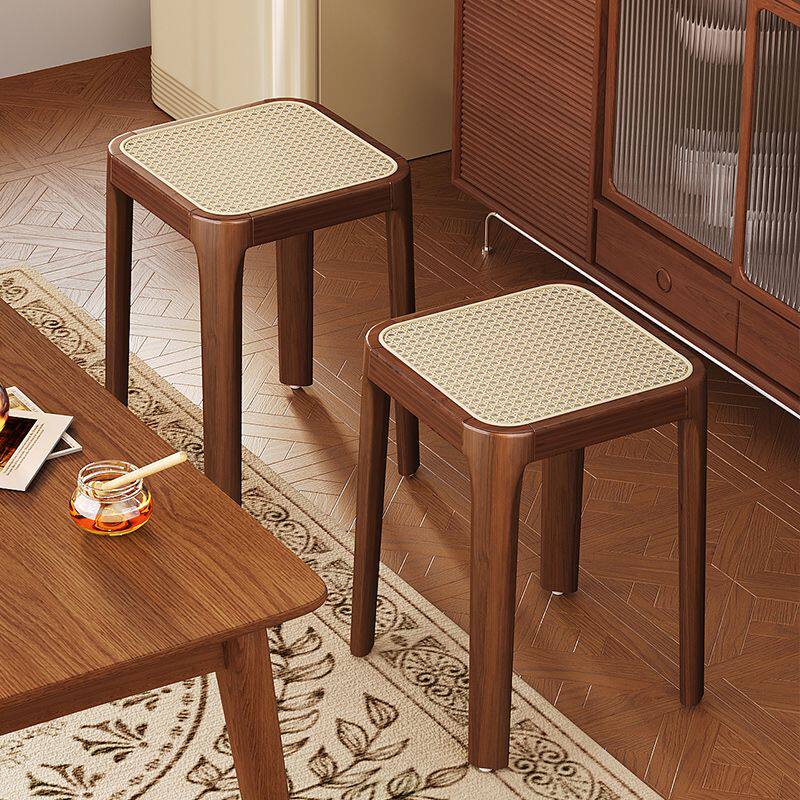 实木凳子家用结实耐用可叠放中古风藤编板凳梳妆方凳餐桌备用椅子