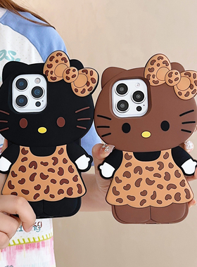 日本可爱豹纹棕色黑皮kitty凯蒂猫适用苹果17ProMax手机壳iPhone16Pro软壳硅胶卡通15PM保护套小红书i14P外壳