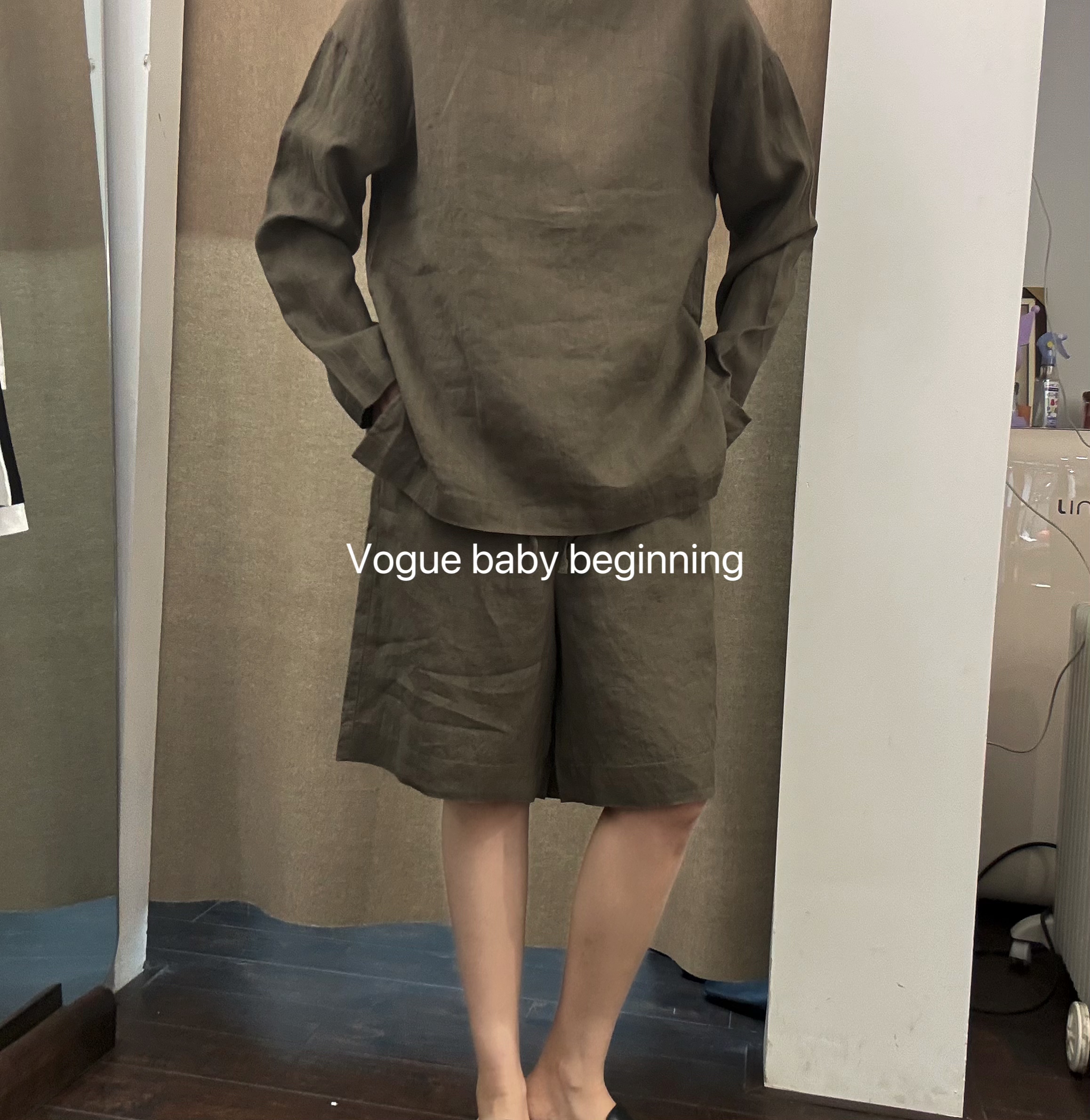 亚麻套装女夏季薄款透气圆领长袖上衣短裤两件套显瘦休闲懒人穿搭