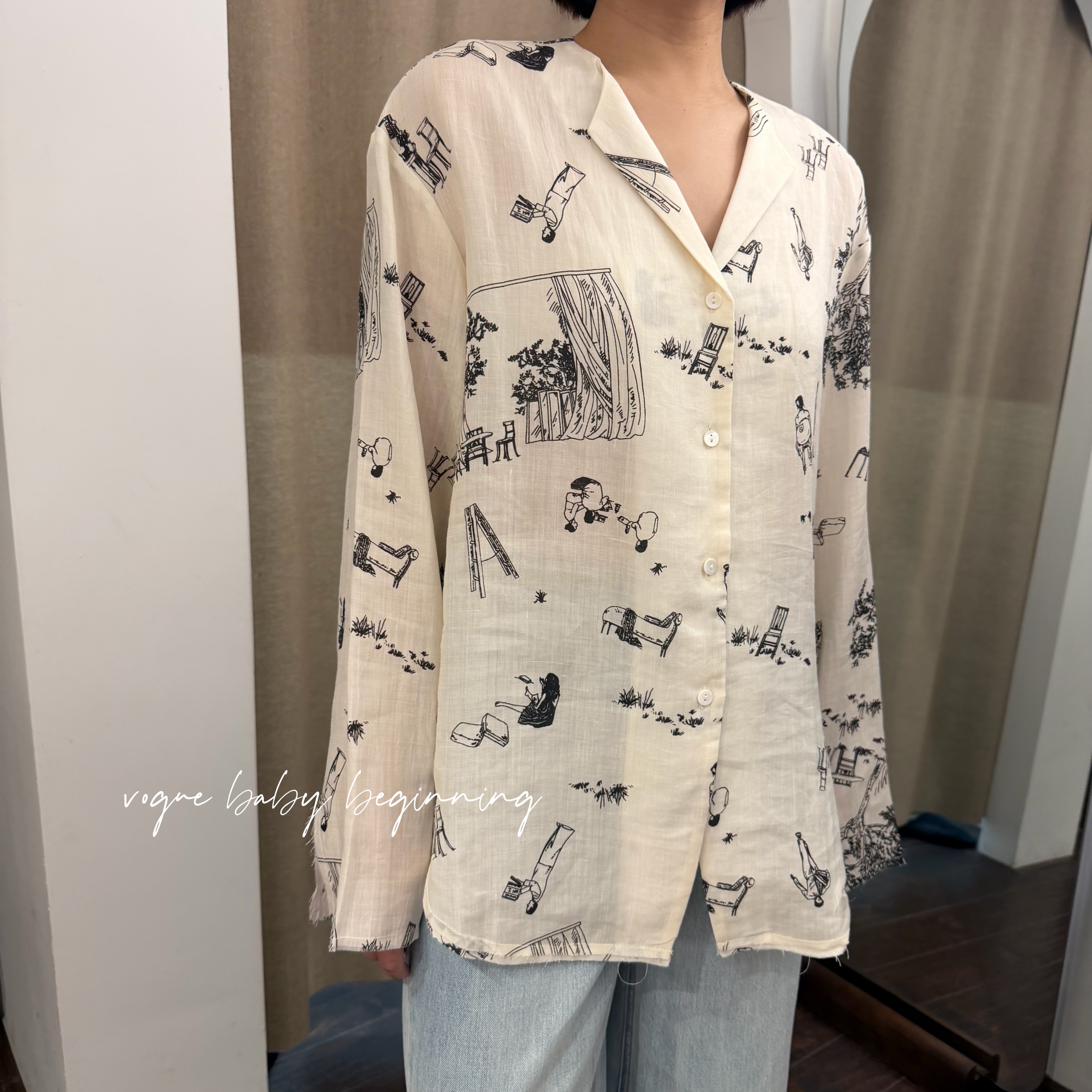 实体店精品女装春季新款时尚休闲百搭天丝苎麻卡通印花衬衫上衣