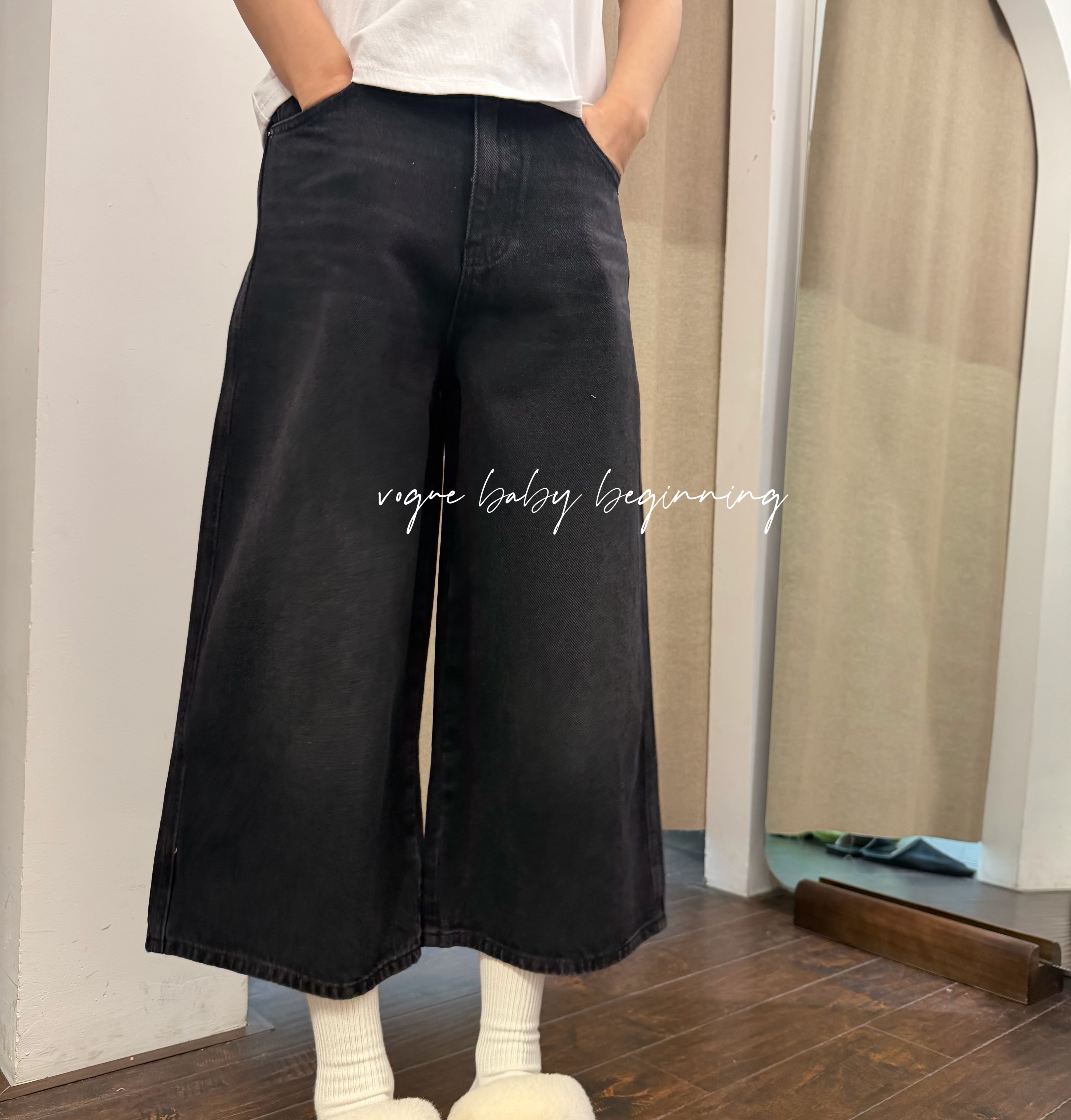 极简风黑色牛仔阔腿七分裤女春夏新款高腰垂感宽松显瘦休闲牛仔裤