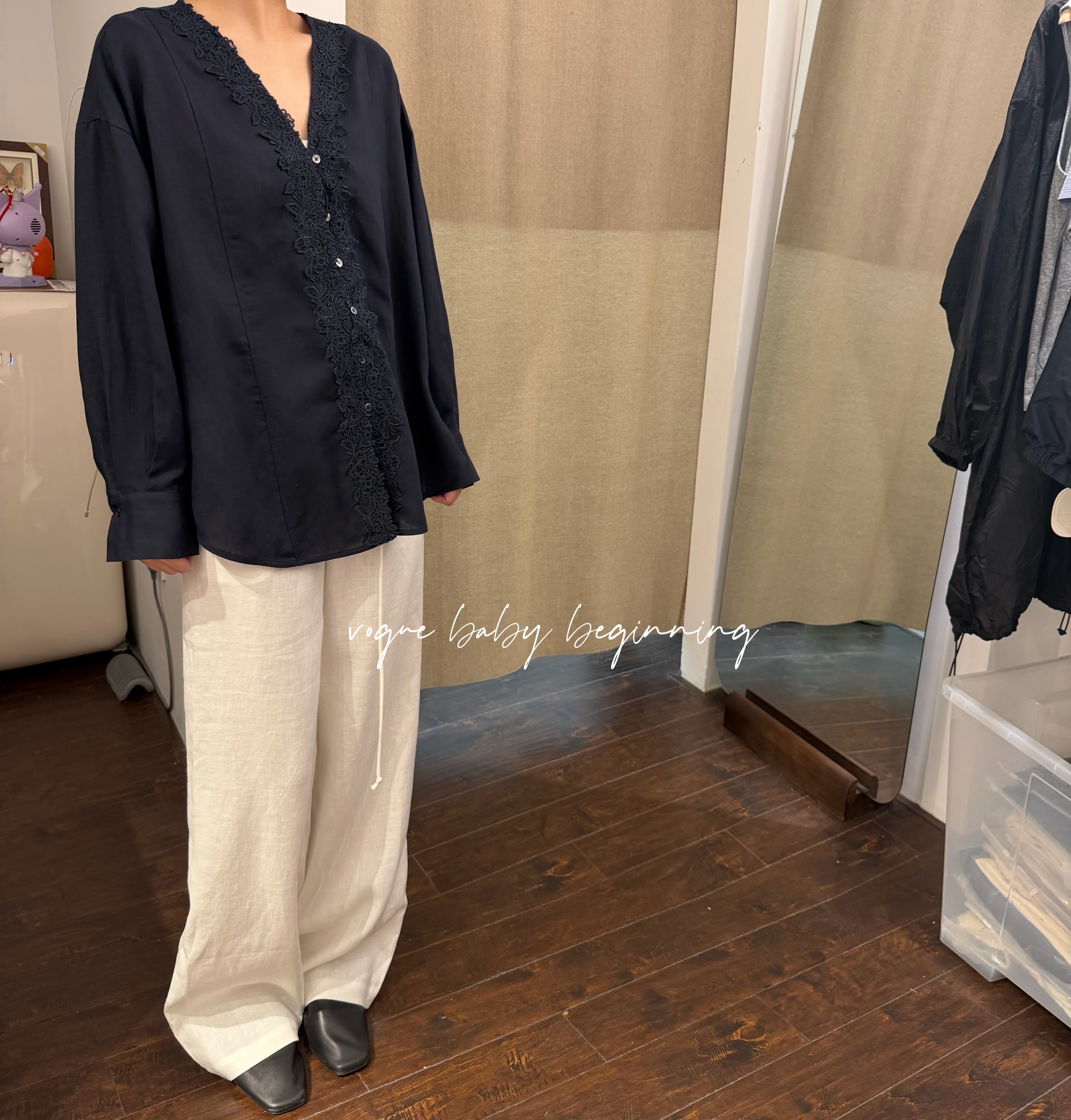 高级感藏青色亚麻衬衫女夏季宽松显瘦蕾丝花边通勤气质棉麻上衣