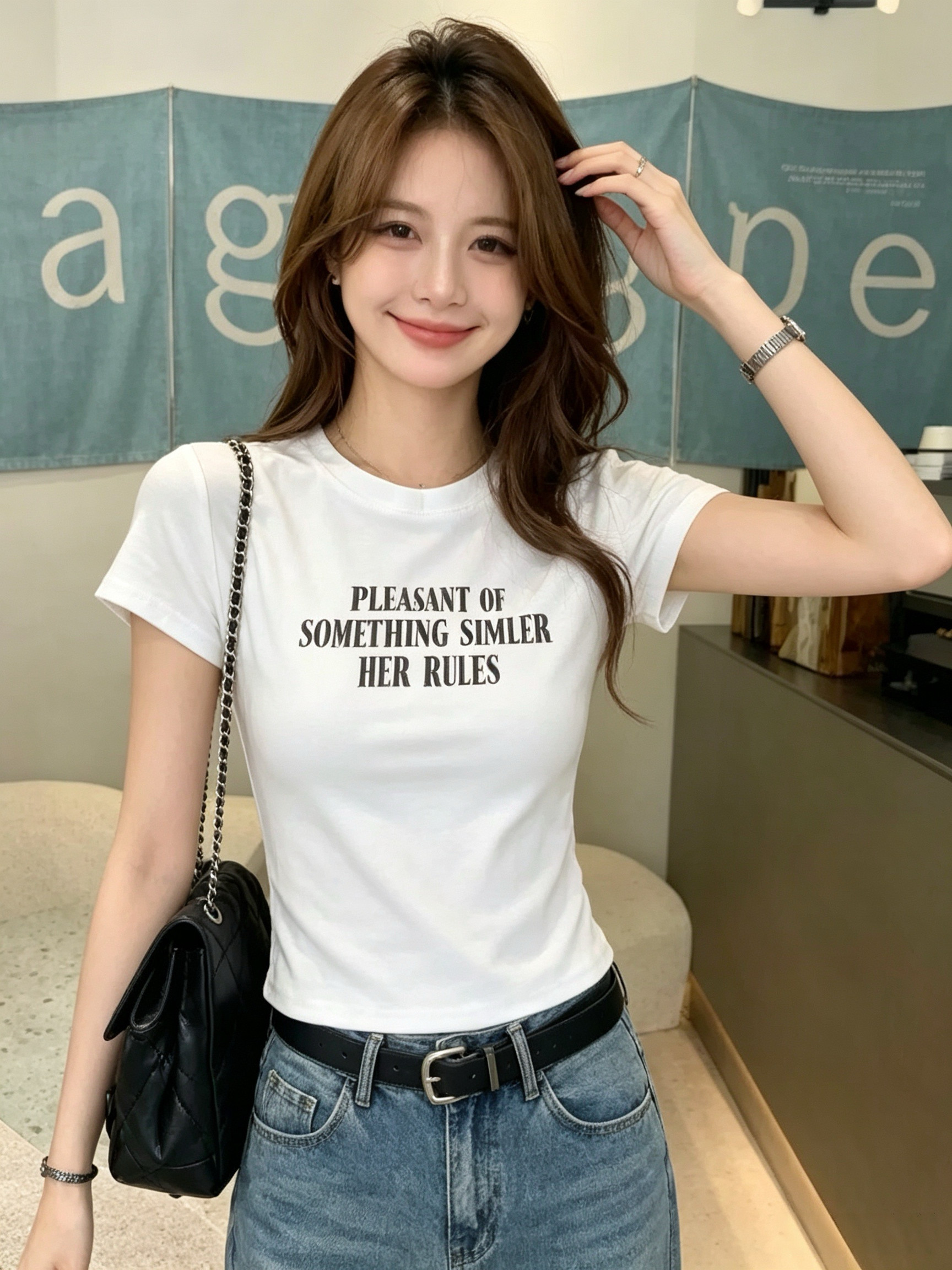 秋上新女士新款韩系基础打底复古英文印花圆领T桖修身显瘦