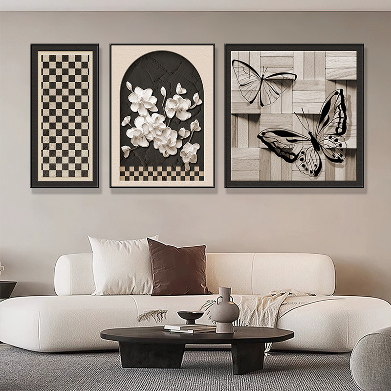 中古风客厅装饰画绿色系高级感沙发背景墙挂画复古南洋风三联壁画