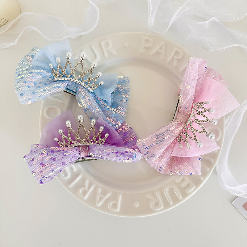 儿童蝴蝶结珍珠立体皇冠顶夹发夹