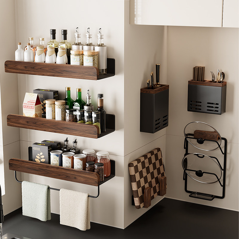 胡桃木厨房置物架调味罐架免打孔多层刀架锅盖筷勺子墙上壁挂收纳