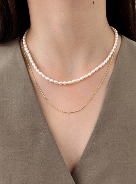 CHEZ LOOPS珍珠链条双排天然淡水项链 复古锁骨链女