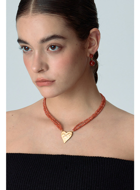 CHEZ LOOPS水晶锆项链 橙红色爱心链原创小众设计个性新款项链