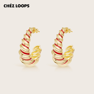滴胶耳饰新年礼物 原创小众金色百搭新款 CHEZ LOOPS金红流光耳环