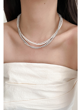 CHEZ LOOPS碎银贝珠双层叠戴锁骨链925纯银时尚简约气质百搭原创