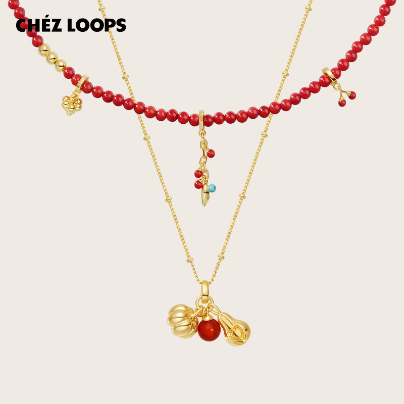 CHEZ LOOPS南瓜梨香红玛瑙项链 绿松石红玛瑙叠戴毛衣链女镀金