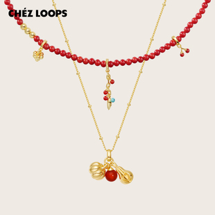 CHEZ 绿松石红玛瑙叠戴毛衣链女镀金 LOOPS南瓜梨香红玛瑙项链
