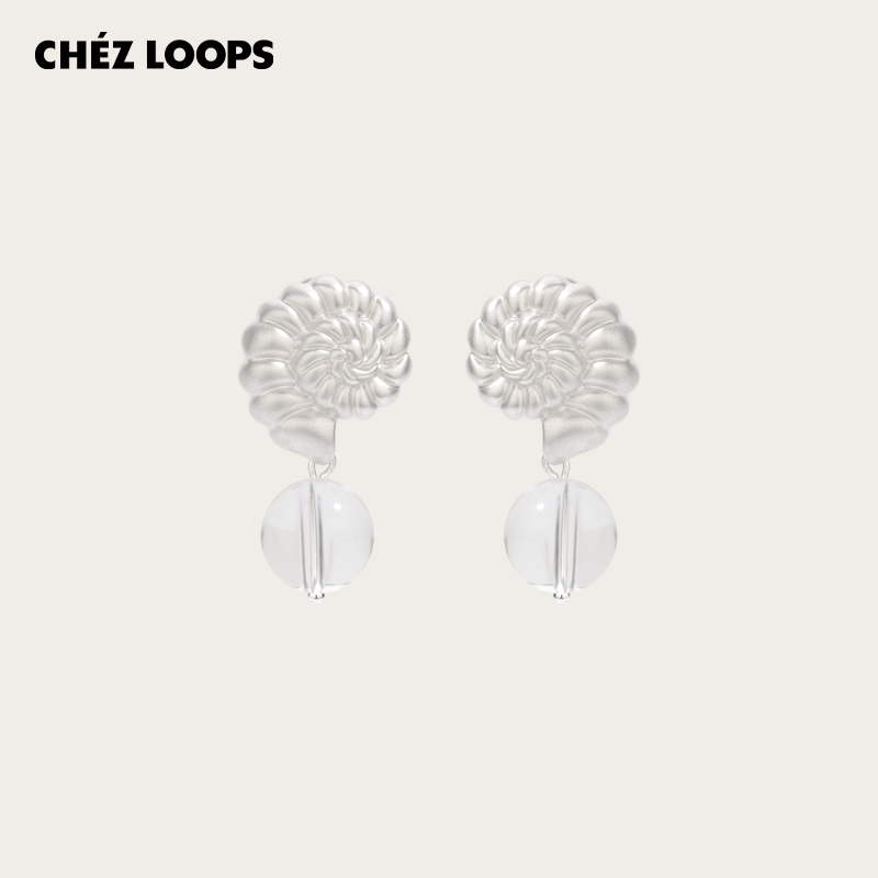 【新品】CHEZ LOOPS海洋印章耳环 原创设计白水晶925镀银海螺耳饰