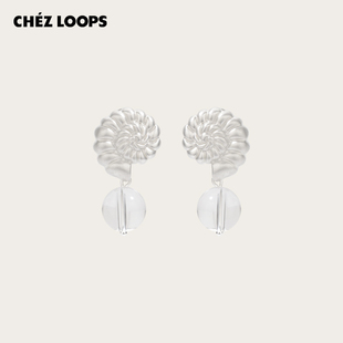 LOOPS海洋印章耳环 CHEZ 原创设计白水晶925镀银海螺耳饰 新品
