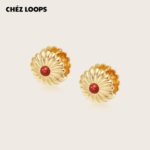 CHEZ 原创设计天然红石925银针耳坠新年礼物 LOOPS雏菊红石耳钉
