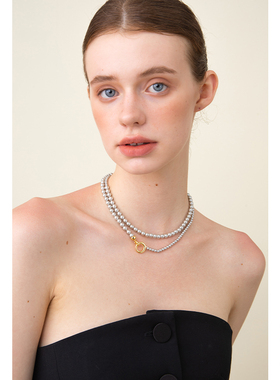 CHEZ LOOPS银色贝珠项链 轻奢风小众原创设计颈链灰色叠戴锁骨链