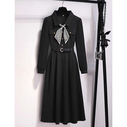 送腰带领带2025春秋新款女长款收腰连衣裙轻奢高级感a字裙TX0032