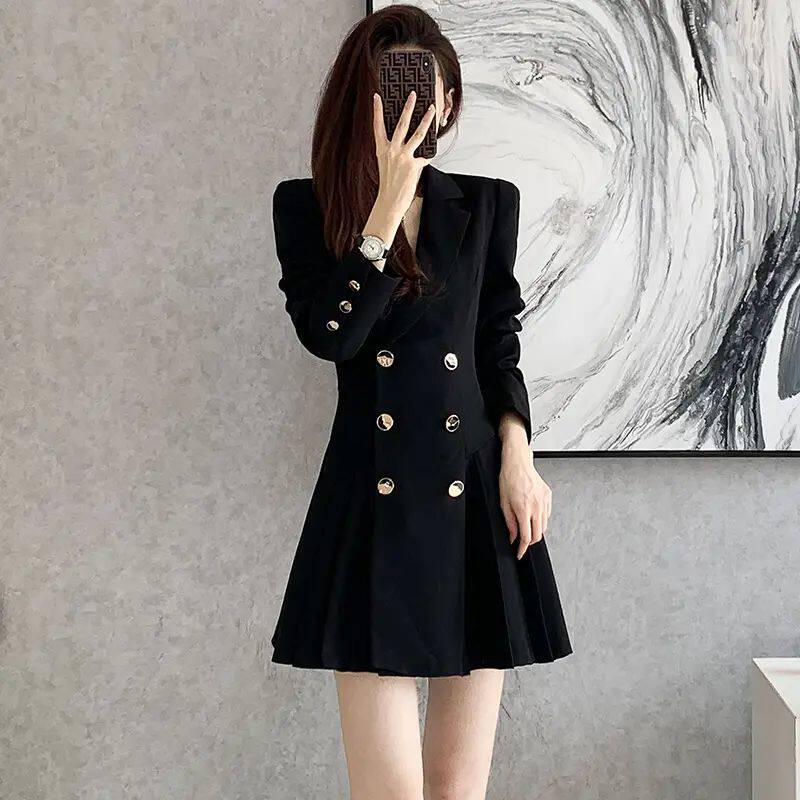 有里布高级感穿搭气质西装连衣裙女春秋季修身收腰百褶裙LJ0025