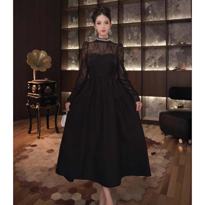 2026秋黑色晚礼服连衣裙女蕾丝拼接高级感赫本风收腰大摆裙QJ0035图片