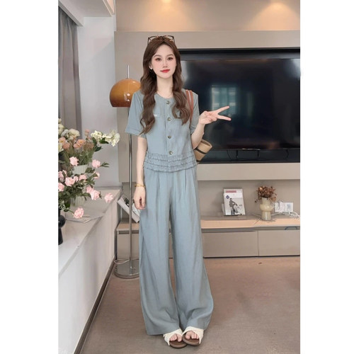 松弛感女两件套2025夏新款木耳边上衣高腰阔腿裤套装D1988