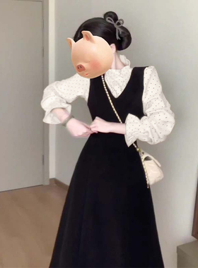 小香赫本风假两件连衣裙2025秋季新款韩系穿搭收腰显示长裙D3687