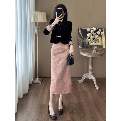 两件套【有里布】上衣开叉半身裙两件御姐气质新中式套装裙QJ0075