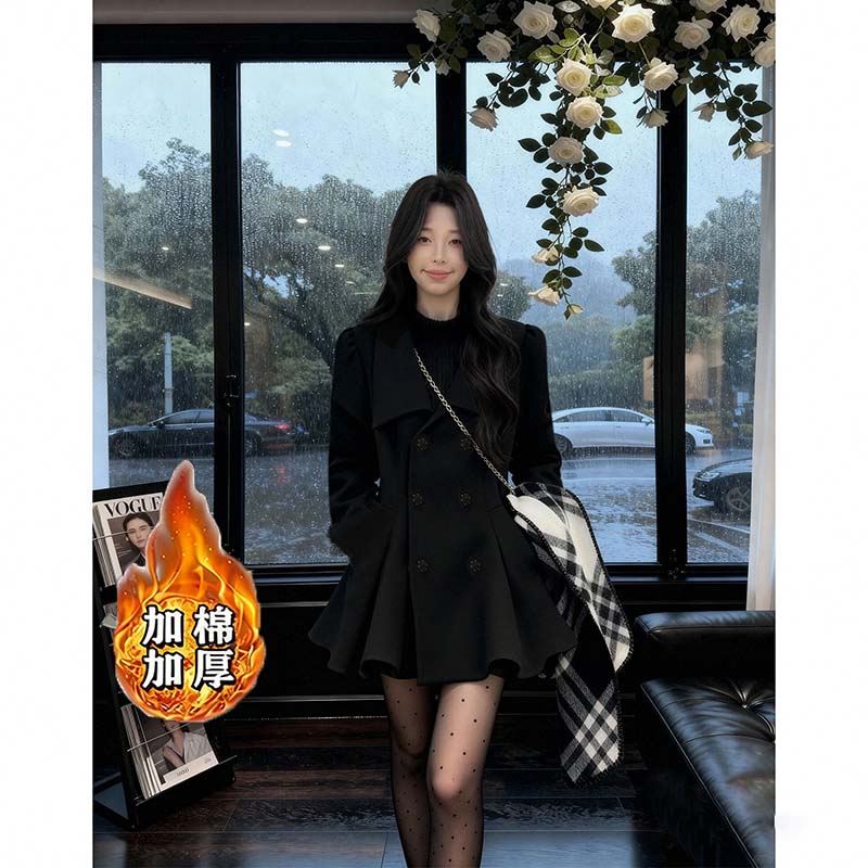 2025秋冬新款加棉加厚毛呢大衣富家千金带手袖呢子外套QJ0152